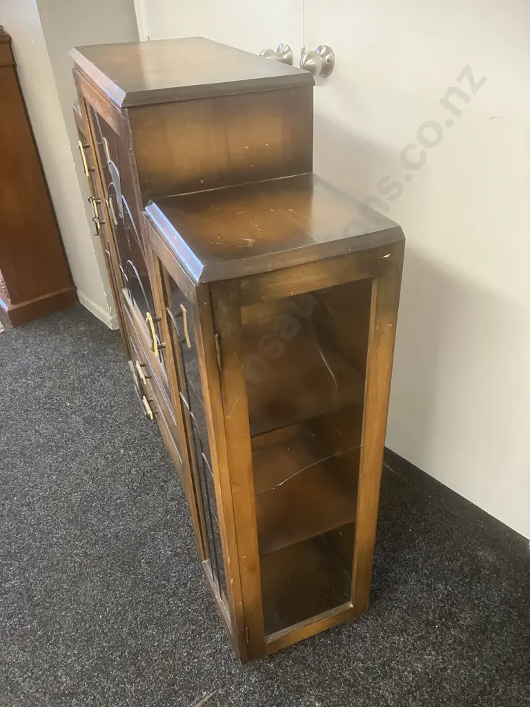 Art Deco Leadlight China Display Cabinet With Key & Original Handles, 2 Drawers. H112 W118 D31cm (As Found) Image 1++