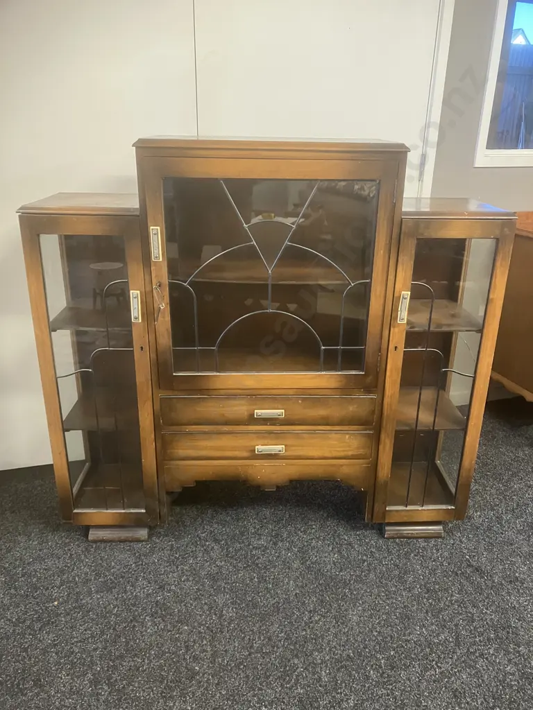 Art Deco Leadlight China Display Cabinet With Key & Original Handles, 2 Drawers. H112 W118 D31cm (As Found) Image 1++