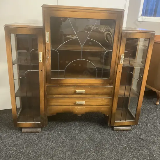 Art Deco Leadlight China Display Cabinet With Key & Original Handles, 2 Drawers. H112 W118 D31cm (As Found)