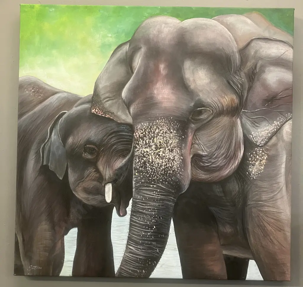 Sushan (Sri Lanka) Oil Painting On Canvas of Elephants. 60 x 61cm Image 1++