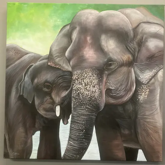 Sushan (Sri Lanka) Oil Painting On Canvas of Elephants. 60 x 61cm