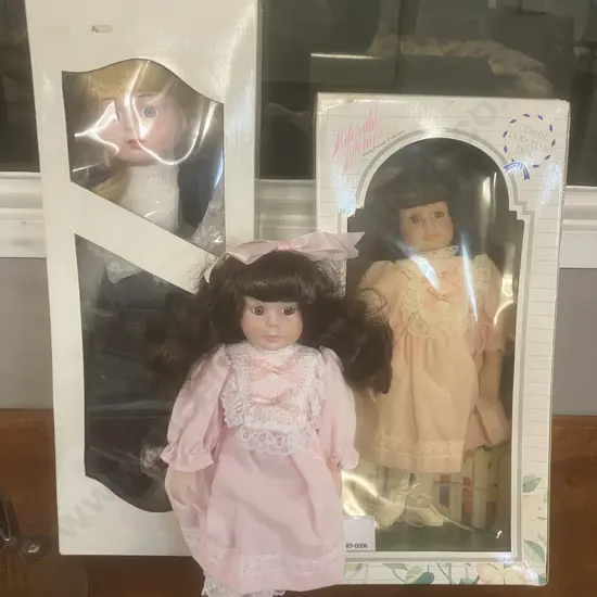 Porcelain Dolls x 2 Boxed & Porcelain Doll With Stand