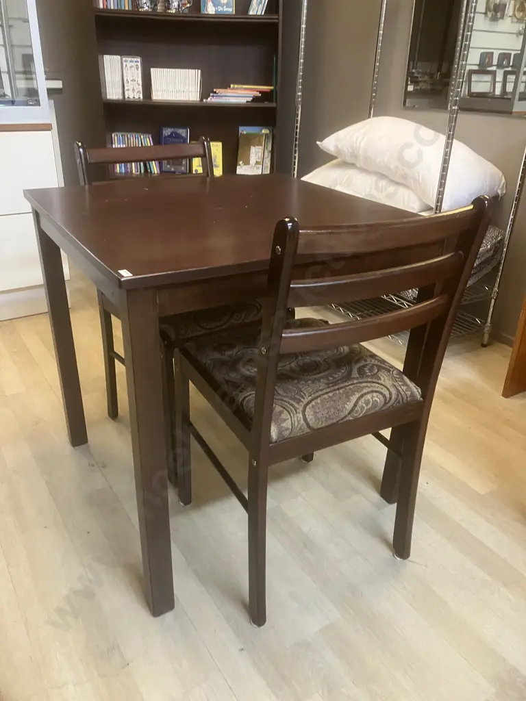 Dark Stained Rubberwood Square Dining Table 74 x 75cm With Two Upholstered Dining Chairs Image 1++