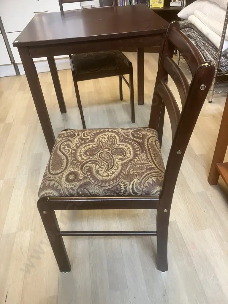 Dark Stained Rubberwood Square Dining Table 74 x 75cm With Two Upholstered Dining Chairs Image 1++