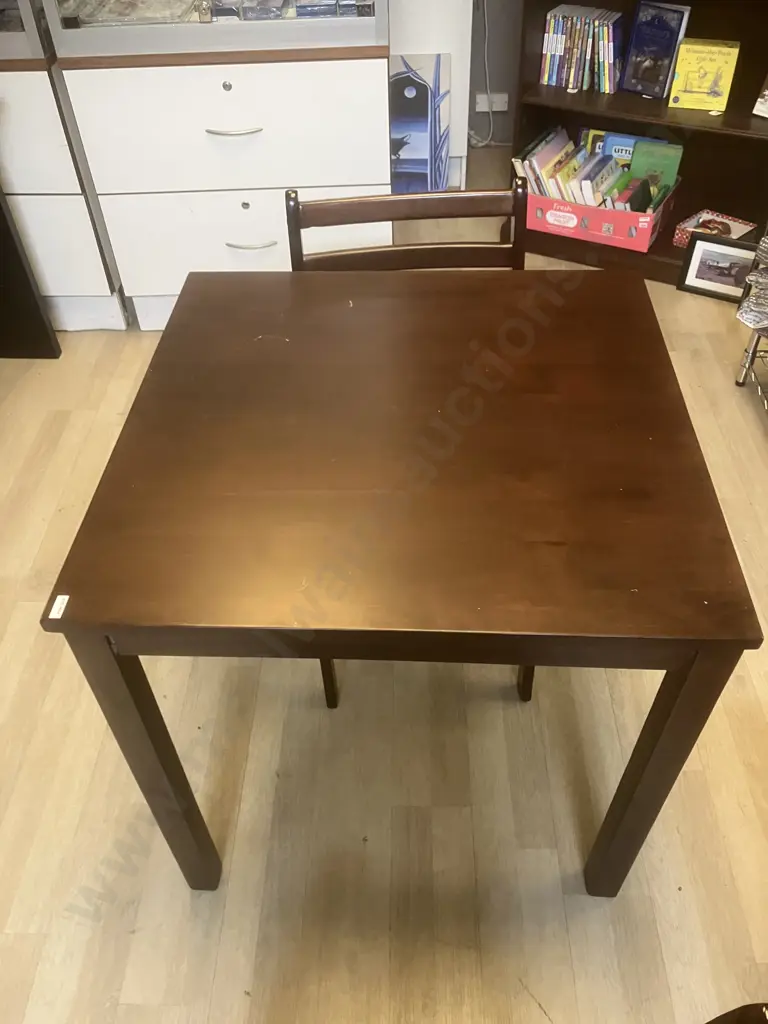 Dark Stained Rubberwood Square Dining Table 74 x 75cm With Two Upholstered Dining Chairs Image 1++