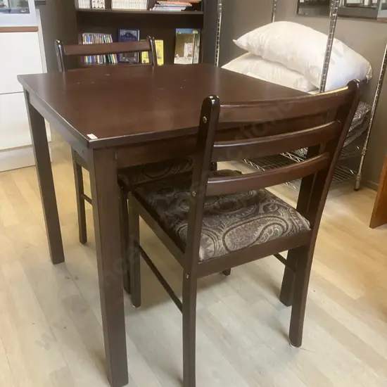 Dark Stained Rubberwood Square Dining Table 74 x 75cm With Two Upholstered Dining Chairs