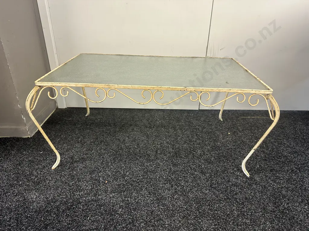 Retro Cream Wrought Iron & Glass Coffee Table H36 W82 D52cm. Image 1++