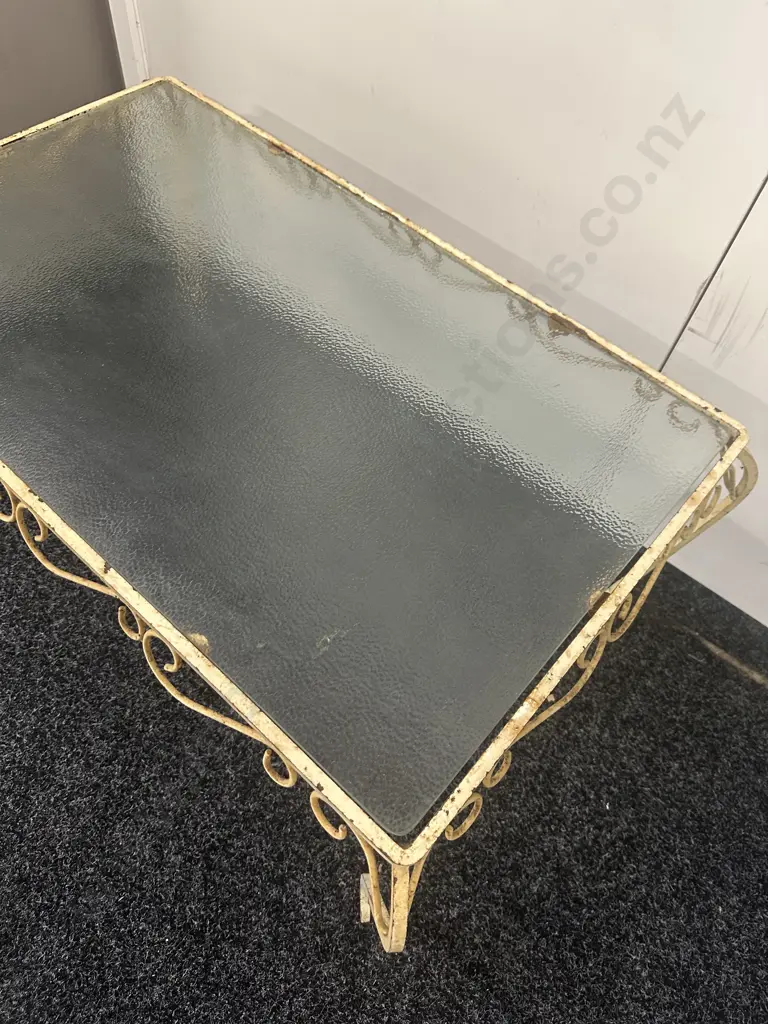 Retro Cream Wrought Iron & Glass Coffee Table H36 W82 D52cm. Image 1++