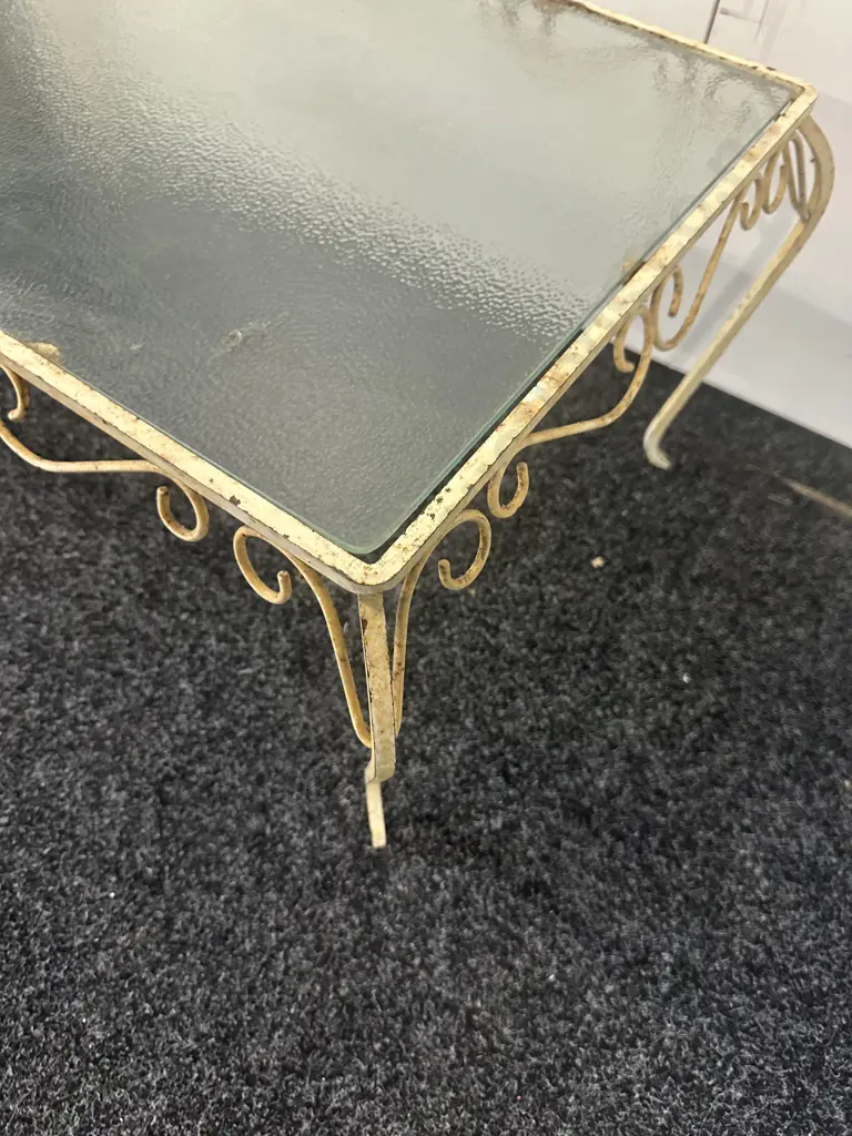 Retro Cream Wrought Iron & Glass Coffee Table H36 W82 D52cm. Image 1++