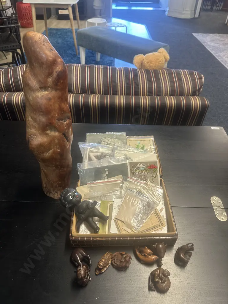 Vintage Items Including Postcards, Wooden Figurines Etc Image 1++