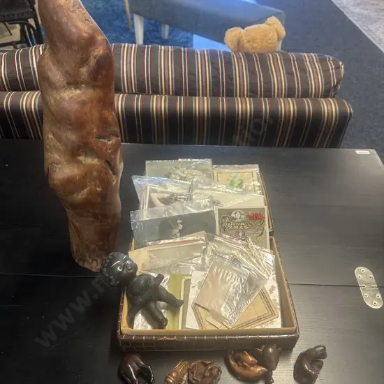 Vintage Items Including Postcards, Wooden Figurines Etc