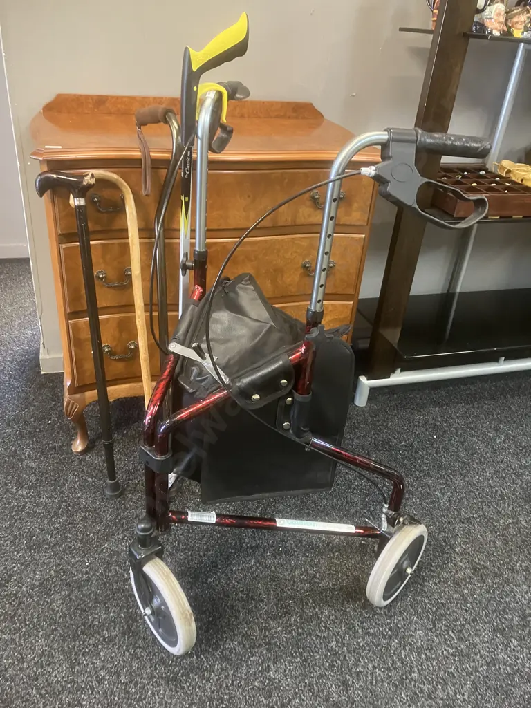 Goldfern Mobility 3 Wheeled Aluminium Rollator With Walking Sticks & Pick-up Tool Image 1++