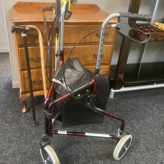 Goldfern Mobility 3 Wheeled Aluminium Rollator With Walking Sticks & Pick-up Tool