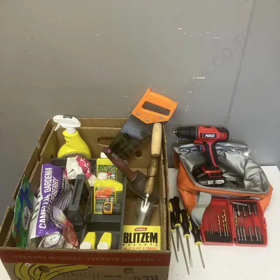 Box Lot Garden Sprays, Tools, Mako 18V Drill Driver & Charger Etc