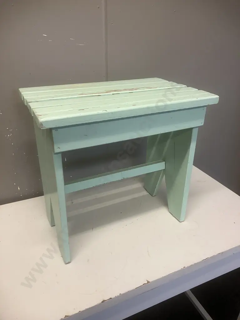 Wooden Stool Painted Green. H43 W46 D30cm Image 1++