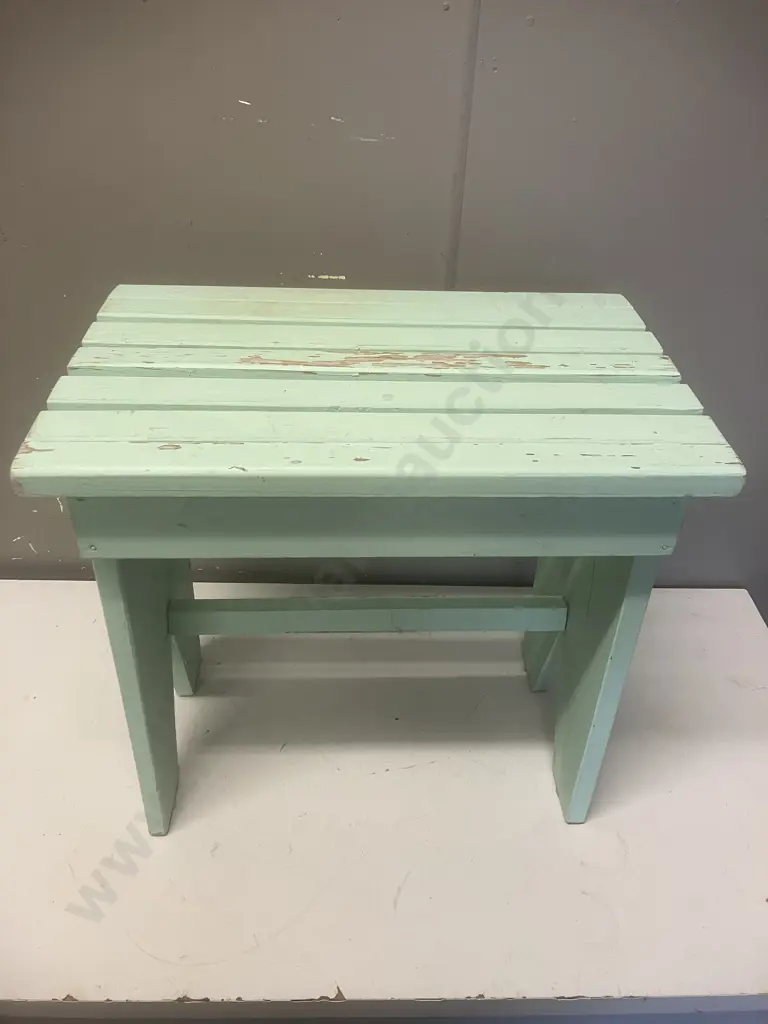 Wooden Stool Painted Green. H43 W46 D30cm Image 1++