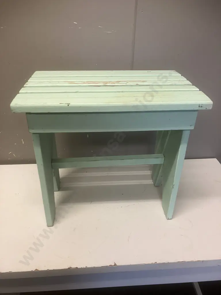 Wooden Stool Painted Green. H43 W46 D30cm Image 1++