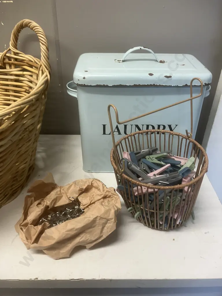 Cane Laundry Basket, Pegs & Container, Laundry Powder Container Image 1++