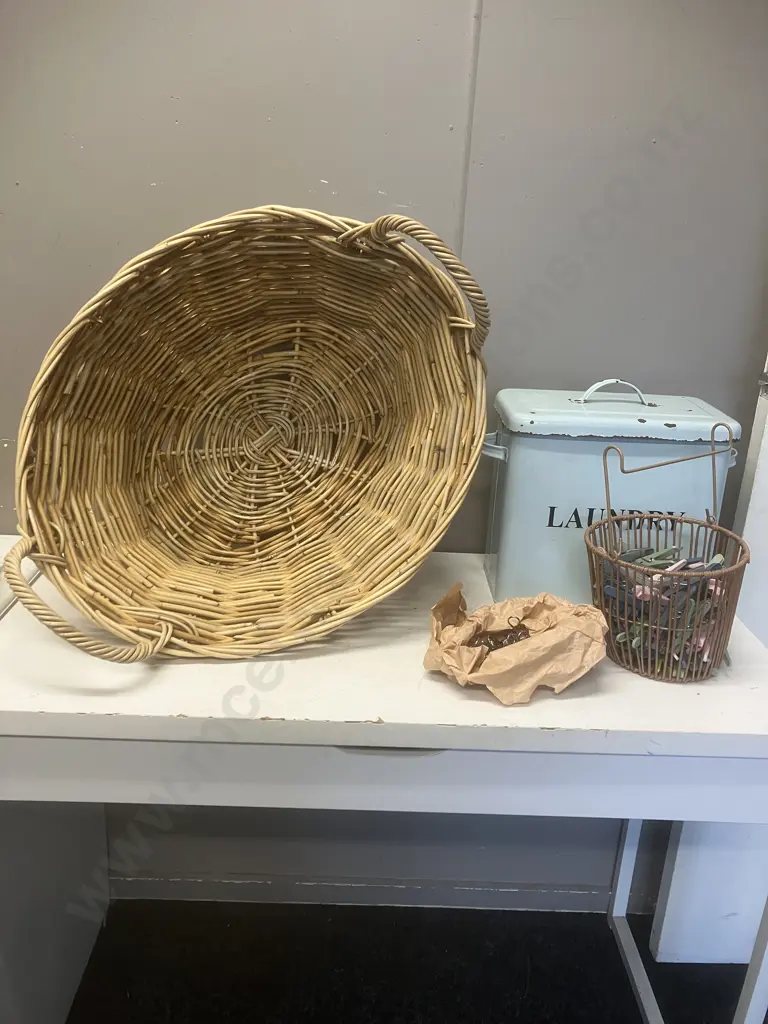 Cane Laundry Basket, Pegs & Container, Laundry Powder Container Image 1++