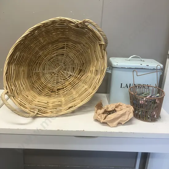 Cane Laundry Basket, Pegs & Container, Laundry Powder Container