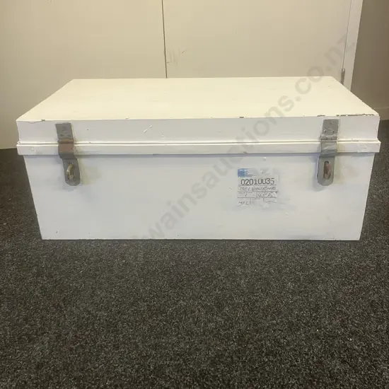 Metal Shipping Trunk Painted White With Vintage Shipping Label. H35 W88 D50cm