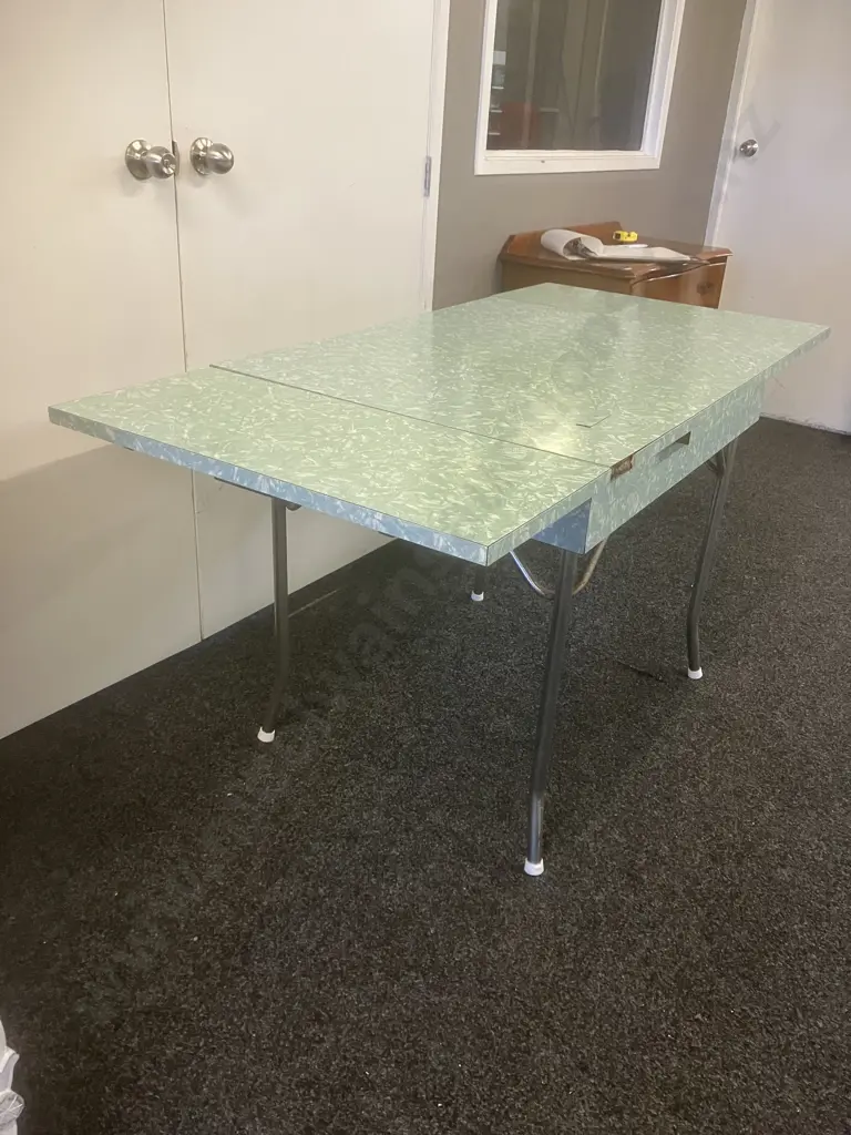 Mid-Century Chrome & Green Marble Formica Extension Kitchen Table (AF) Image 1++