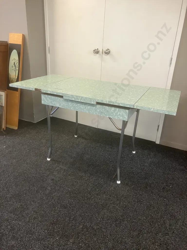 Mid-Century Chrome & Green Marble Formica Extension Kitchen Table (AF) Image 1++