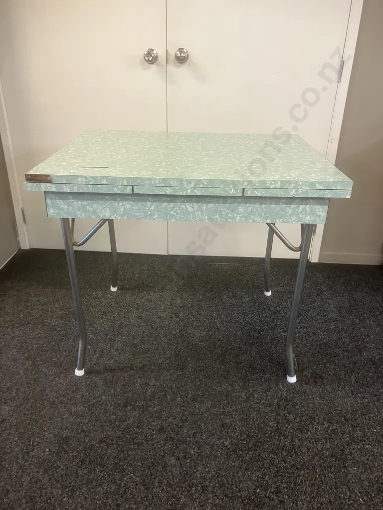 Mid-Century Chrome & Green Marble Formica Extension Kitchen Table (AF) Image 1++