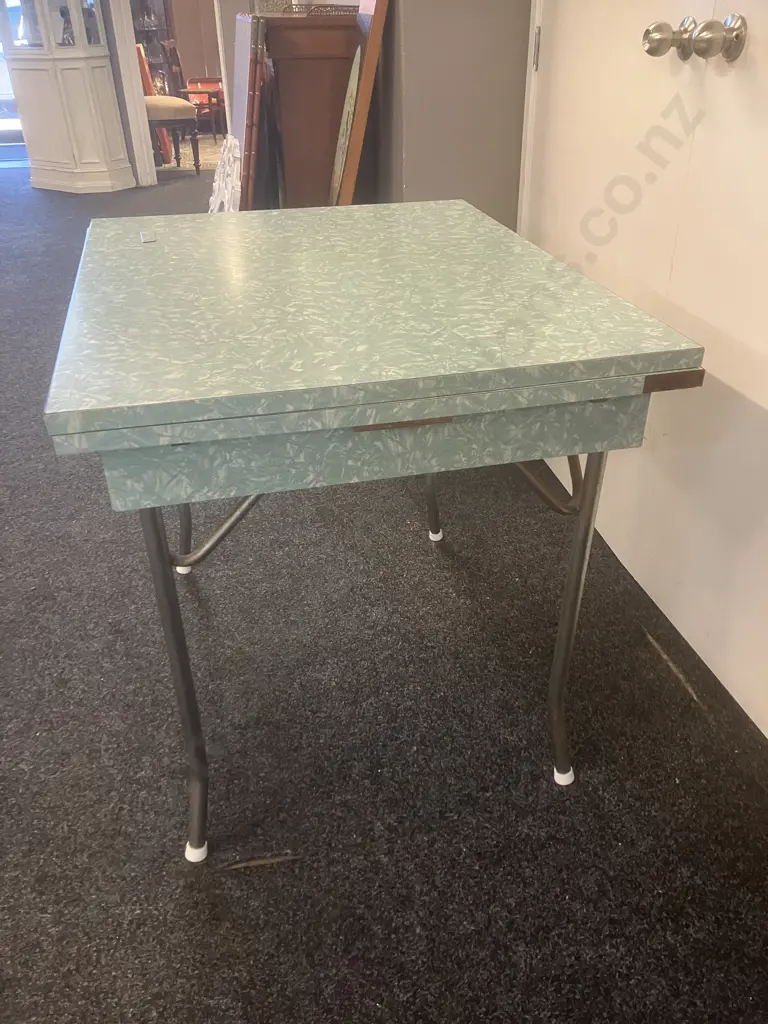 Mid-Century Chrome & Green Marble Formica Extension Kitchen Table (AF) Image 1++