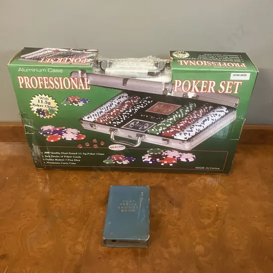 Poker Set In Case With Post Office Savings Bank Book Money Box (Locked & No Key)