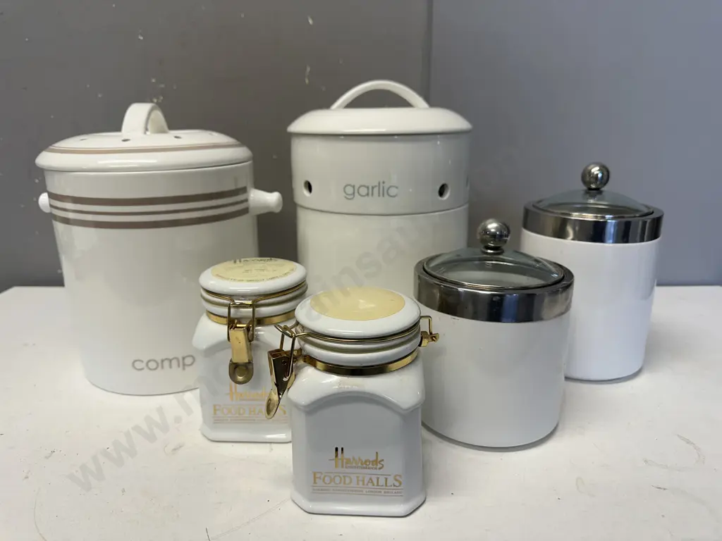 Lidded Ceramic Canisters Including Harrods, Onions, Garlic, Etc Image 1++