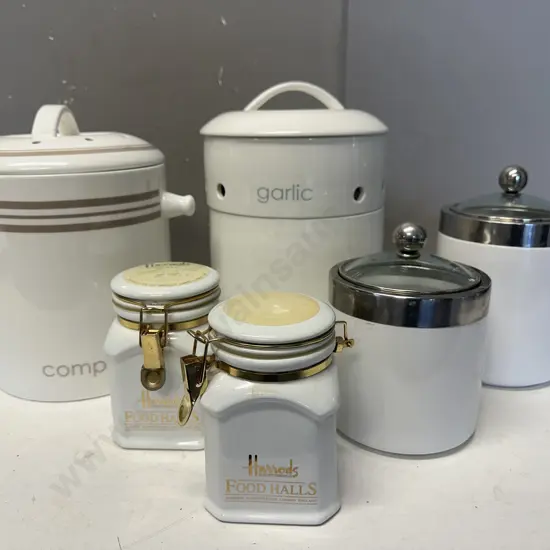 Lidded Ceramic Canisters Including Harrods, Onions, Garlic, Etc