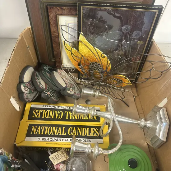 Box Lot Of Assorted Items Including Artwork, Candles Etc
