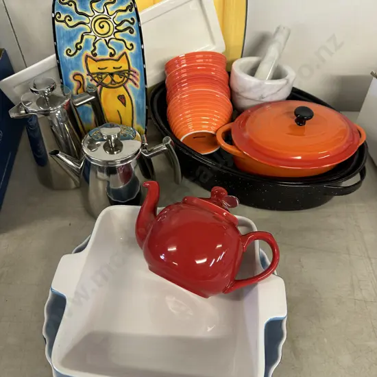 Selection Of Teapots, Mortal & Pestle, Bakeware Etc