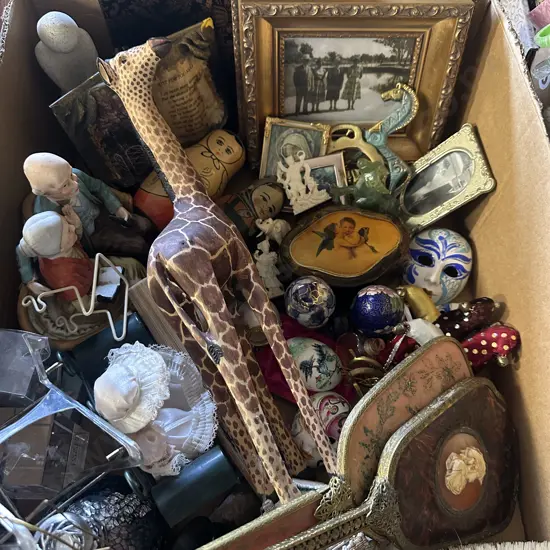 Box Lot Of Vintage Items Including Frames, Giraffe Etc