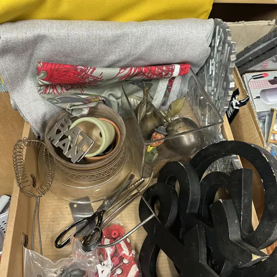 Box Lot Fabric Pieces, Vintage Items Including Bat Man Belt Buckle Etc