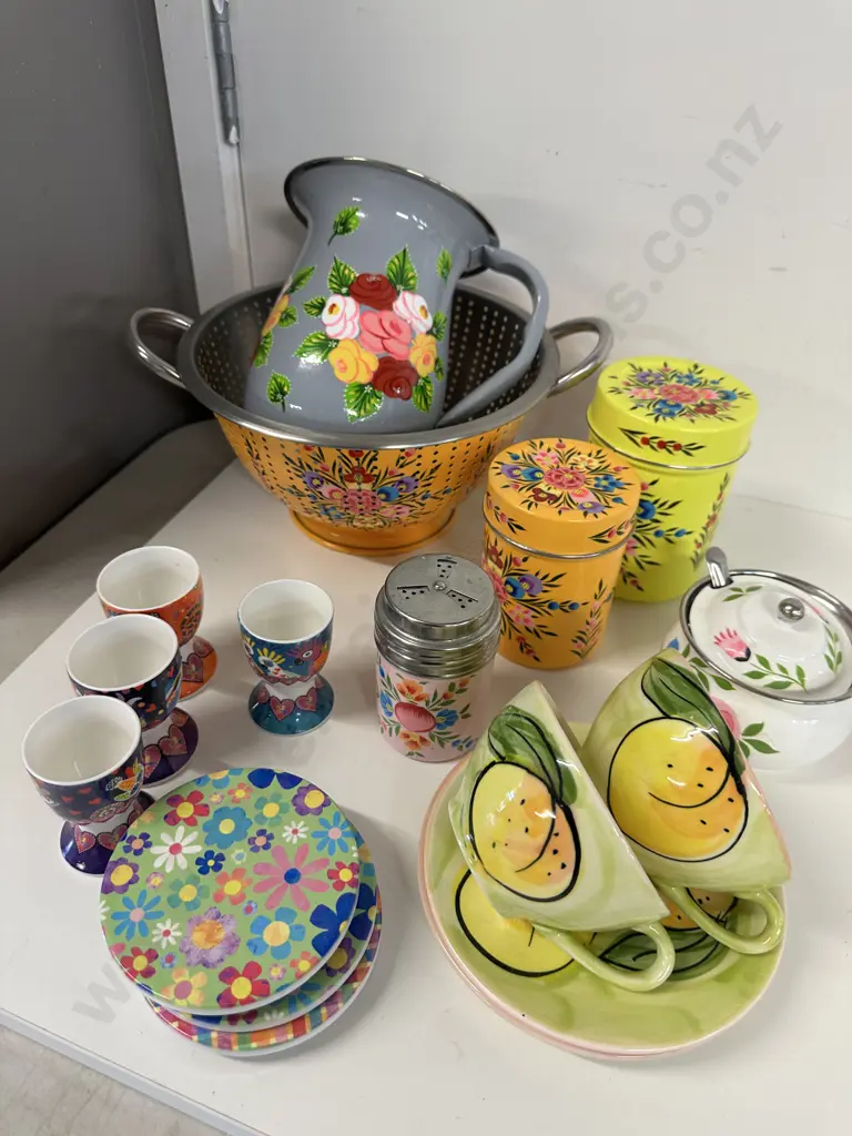 Selection Of kitchen Items Including Christine Harris Pottery Duos, Multi Coloured Canisters, Egg Cups Etc Image 1++