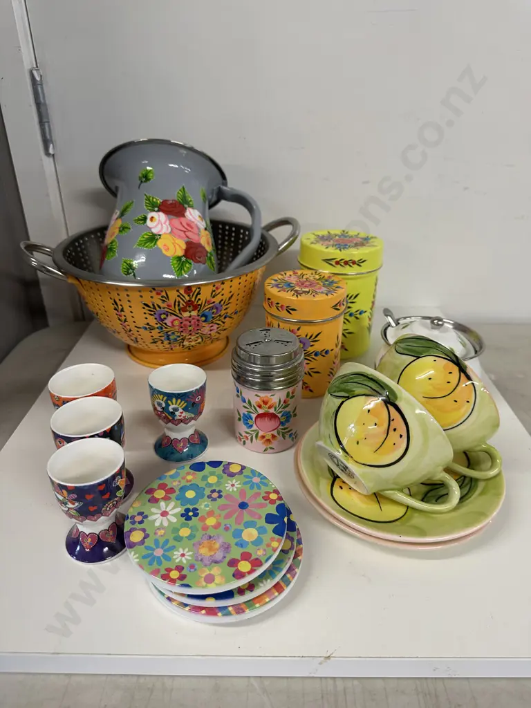 Selection Of kitchen Items Including Christine Harris Pottery Duos, Multi Coloured Canisters, Egg Cups Etc Image 1++