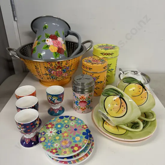 Selection Of kitchen Items Including Christine Harris Pottery Duos, Multi Coloured Canisters, Egg Cups Etc