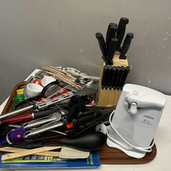 Selection Of Kitchen Items Including Knife Block, Sunbeam Can Opener Trays Etc