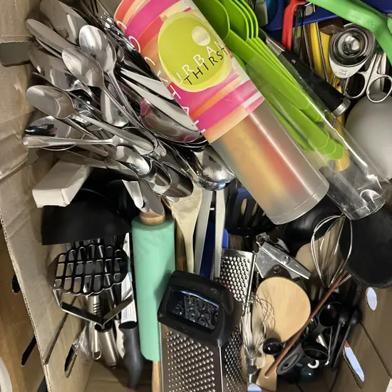 Box Lot Of Kitchen Utensils, Cutlery Etc