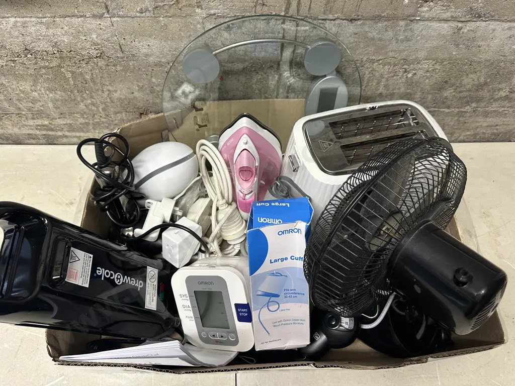 Box Lot Of Assorted Including Omron Blood Pressure Monitor, Iron, Toaster Etc Image 1++