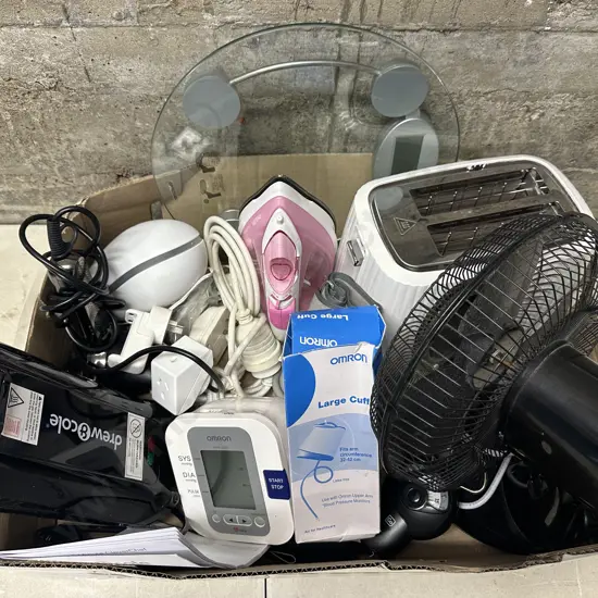 Box Lot Of Assorted Including Omron Blood Pressure Monitor, Iron, Toaster Etc
