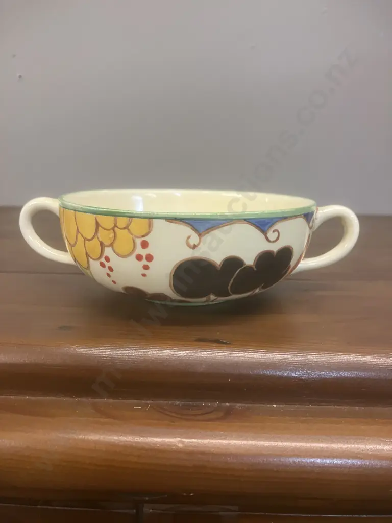 A Clarice Cliff Fantasque 'Trees and House' Two Handled Bowl c1928-1930 - Wilkinson Ltd England. Dia 16cm Image 1++
