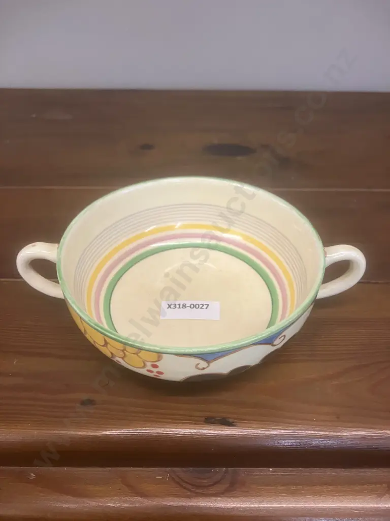 A Clarice Cliff Fantasque 'Trees and House' Two Handled Bowl c1928-1930 - Wilkinson Ltd England. Dia 16cm Image 1++