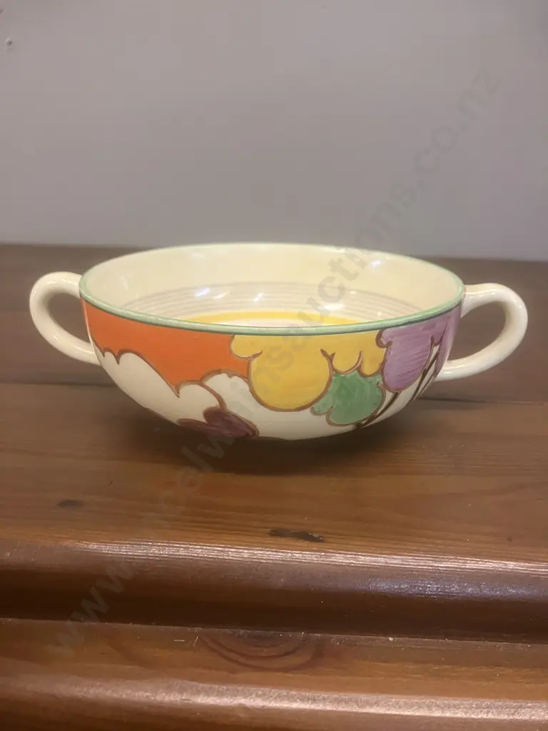 A Clarice Cliff Fantasque 'Trees and House' Two Handled Bowl c1928-1930 - Wilkinson Ltd England. Dia 16cm Image 1++
