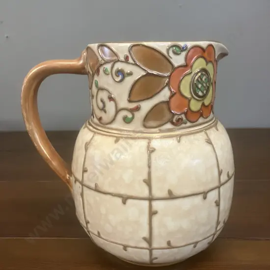 A Charlotte Rhead Bursley Ware England Trellis Pattern Jug 1920's - 1940's. H13.5cm