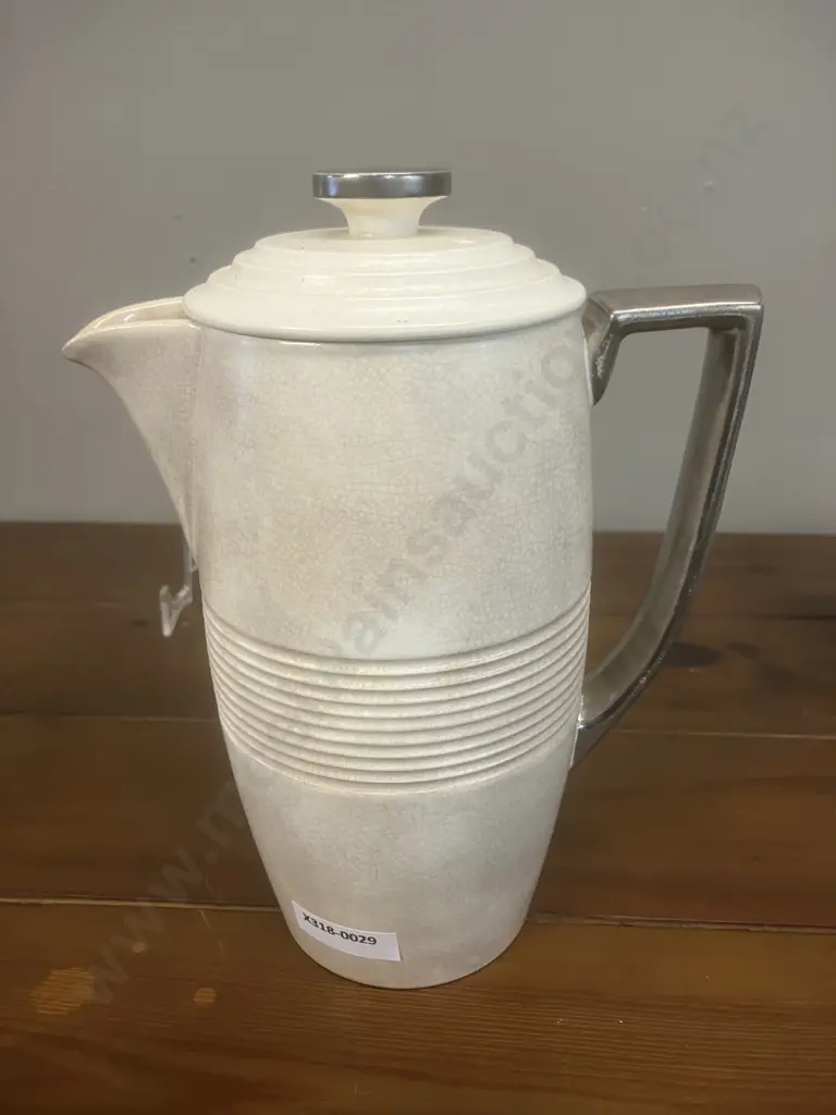 A Wedgwood 'Moonstone' Coffee Service with Silvered Handles Designed by Keith Murray - 8 Piece (Only One Cup) c1930 Image 1++