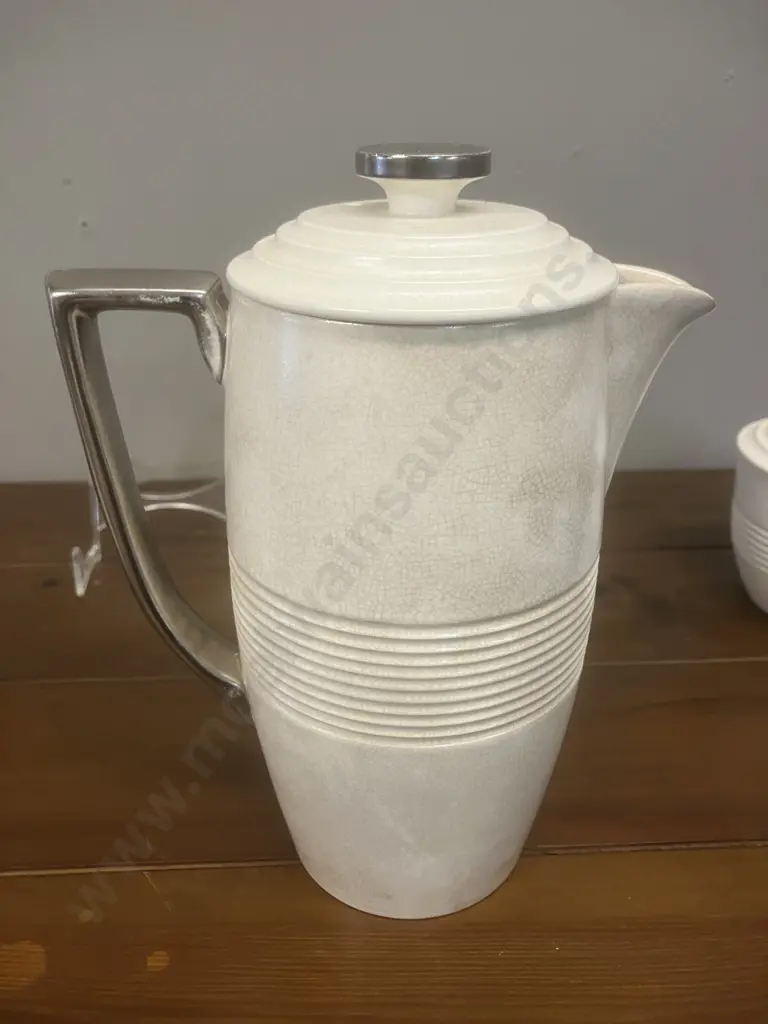 A Wedgwood 'Moonstone' Coffee Service with Silvered Handles Designed by Keith Murray - 8 Piece (Only One Cup) c1930 Image 1++