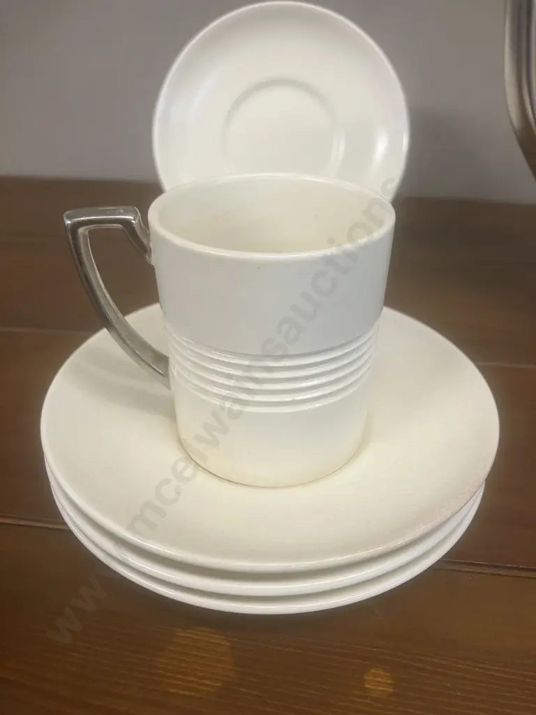 A Wedgwood 'Moonstone' Coffee Service with Silvered Handles Designed by Keith Murray - 8 Piece (Only One Cup) c1930 Image 1++